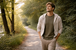 persoon maakt rustige wandeling en herstelt fysiek tijdens burn out herstel en zenuwstelsel regulatie
