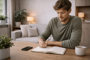 persoon schrijft in planner en werkt aan structuur en gedrag verandering tijdens burn out herstel