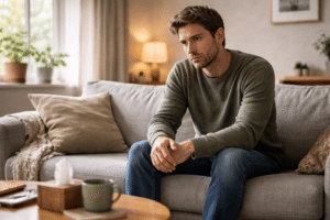 persoon zit alleen op de bank met vermoeide houding en afstandelijke blik, beeld dat depressie en emotionele terugtrekking weergeeft