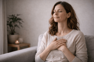 Persoon zit met gesloten ogen en handen op de borst en focust op ademhaling en lichaamsbewustzijn tijdens herstel van depressie