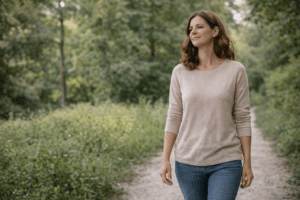 Persoon wandelt rustig door een natuurlijke omgeving en ervaart herstel, balans en nieuwe energie tijdens het herstellen van depressie