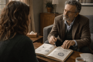 Therapeut en cliënt bespreken een droomdagboek met symbolen tijdens een sessie binnen de Jungiaanse therapie.