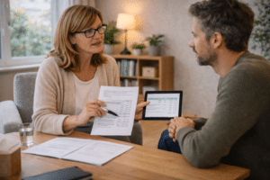 Therapeut bespreekt EMDR behandelopties en sessiekosten met cliënt tijdens een rustig en professioneel therapiegesprek in een lichte praktijkruimte