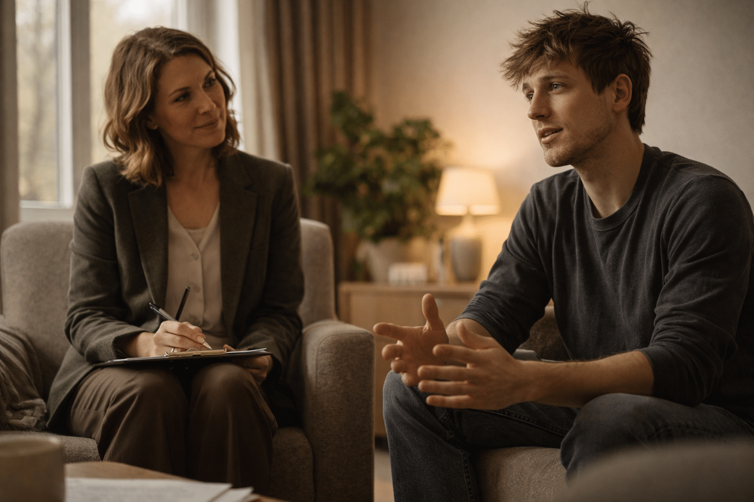 Therapeut en cliënt in een warme praktijkruimte tijdens een rustig gesprek over EMDR en praattherapie