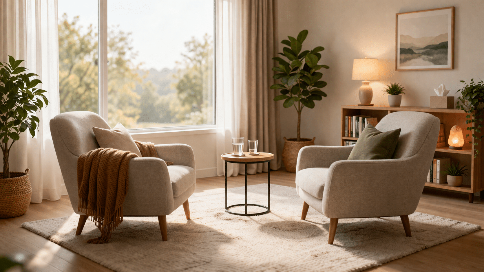 Twee lege fauteuils tegenover elkaar in een lichte therapieruimte als symbool voor praattherapie