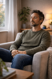 Persoon zit rustig thuis na een therapiesessie met ontspannen houding en bedachtzame uitstraling als symbool voor emotioneel herstel na EMDR behandeling bij PTSS