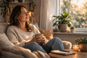 Persoon zit rustig op de bank thuis met ontspannen houding en warme verlichting na therapiesessie, sfeer van emotioneel herstel en mentale rust