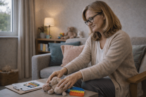 EMDR therapeut richt rustgevende therapieruimte in met hulpmiddelen en zachte materialen voor veilige behandeling