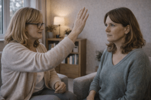 Therapeut begeleidt EMDR-sessie waarbij cliënt oogbewegingen volgt tijdens behandeling van angstklachten in rustige therapieruimte