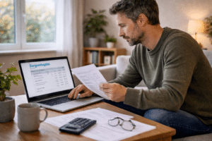 Persoon bekijkt thuis therapiefacturen en zorgverzekeringsinformatie op laptop om kosten van EMDR behandeling te berekenen