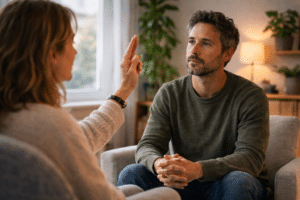 EMDR therapie bij PTSS waarbij een therapeut oogbewegingen begeleidt terwijl een cliënt geconcentreerd de hand volgt in een rustige behandelruimte