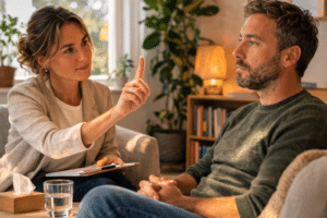 Therapeut begeleidt EMDR-sessie waarbij cliënt oogbewegingen volgt in rustige behandelruimte met warme verlichting