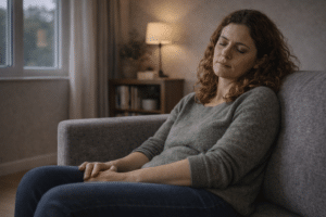 Persoon zit vermoeid maar rustig op een bank thuis na een intensieve therapiesessie, met ontspannen houding en zachte avondverlichting in een rustige woonkamer.