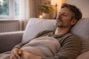 Persoon ligt ontspannen op een bank met een deken en gesloten ogen in een rustige huiselijke omgeving, wat emotioneel herstel en ontspanning na therapie uitbeeldt.