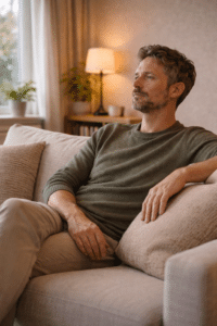 Persoon zit ontspannen op een bank in een rustige woonkamer en reflecteert kalm na een therapiesessie, wat emotioneel herstel en mentale rust symboliseert