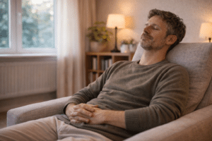 Persoon zit ontspannen in een therapieruimte na emotionele doorbraak met rustige houding en opgeluchte gezichtsuitdrukking