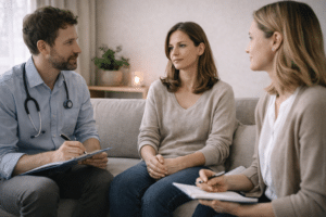 Patiënt in gesprek met meerdere zorgverleners tijdens een multidisciplinaire behandeling voor fibromyalgie in een rustige setting