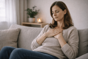 Persoon zit met gesloten ogen op de bank en ervaart vermoeidheid en overprikkeling bij fibromyalgie in een rustige omgeving