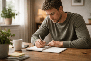 persoon zit aan tafel en schrijft gedachten op in notitieboek met geconcentreerde en licht gespannen houding