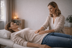 Haptotherapeut legt handen zacht op het lichaam van cliënt tijdens een behandelsessie gericht op ontspanning en lichaamsbewustzijn