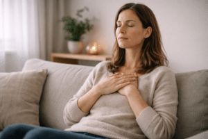 Persoon zit met gesloten ogen en handen op het lichaam tijdens een moment van lichaamsbewustzijn bij chronische pijn