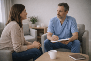 Patiënt in gesprek met zorgverlener tijdens een rustige consultatie over chronische pijn en behandeling