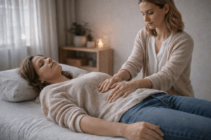 Haptotherapeut legt handen zacht op het lichaam van cliënt tijdens behandeling bij onverklaarbare pijn in een rustige praktijkruimte