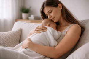 Ouder houdt baby dicht tegen zich aan in een rustig moment, wat een groeiende band en gevoel van veiligheid laat zien