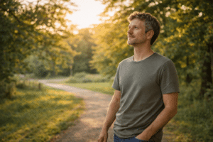 Persoon wandelt ontspannen door een groen park na therapie en straalt rust, herstel en hernieuwde energie uit