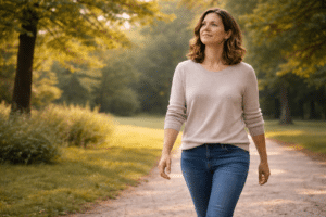 Persoon wandelt rustig door groen park in zacht middaglicht met ontspannen houding en lichte, hoopvolle gezichtsuitdrukking na therapiesessie.