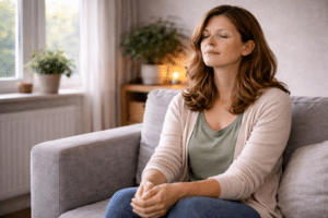 Persoon zit ontspannen thuis met gesloten ogen na hypnotherapie sessie en ervaart rust en herstel van sociale angst.