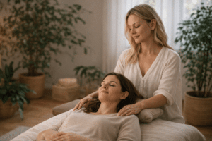 Holistische therapiesessie waarbij een cliënt ontspannen ligt terwijl de therapeut met zachte aanraking werkt aan lichaamsbewustzijn en ontspanning