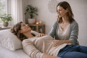 Holistische therapiesessie waarbij een cliënt ontspannen ligt terwijl de therapeut met zachte aanraking werkt aan ontspanning en balans tussen lichaam en geest