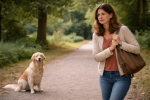 Persoon die op afstand naar een hond kijkt en spanning ervaart, herkenbare situatie bij een specifieke fobie voor honden.