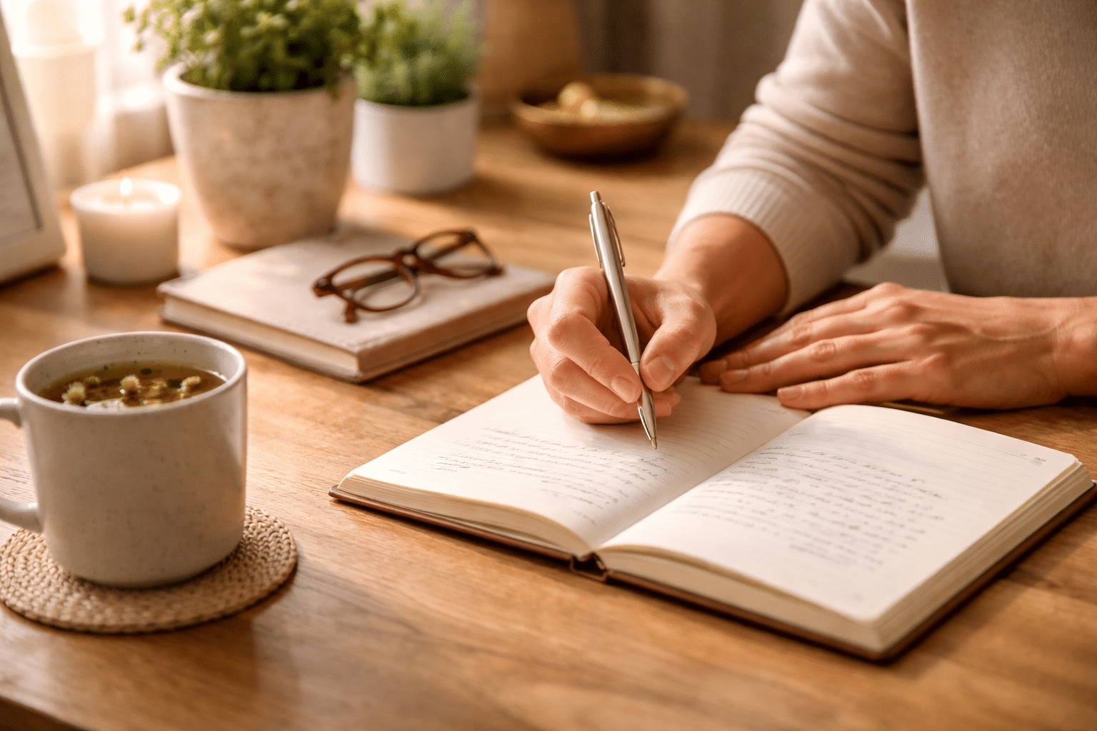 Close-up van handen die schrijven in een dagboek bij ochtendlicht met een kop kruidenthee