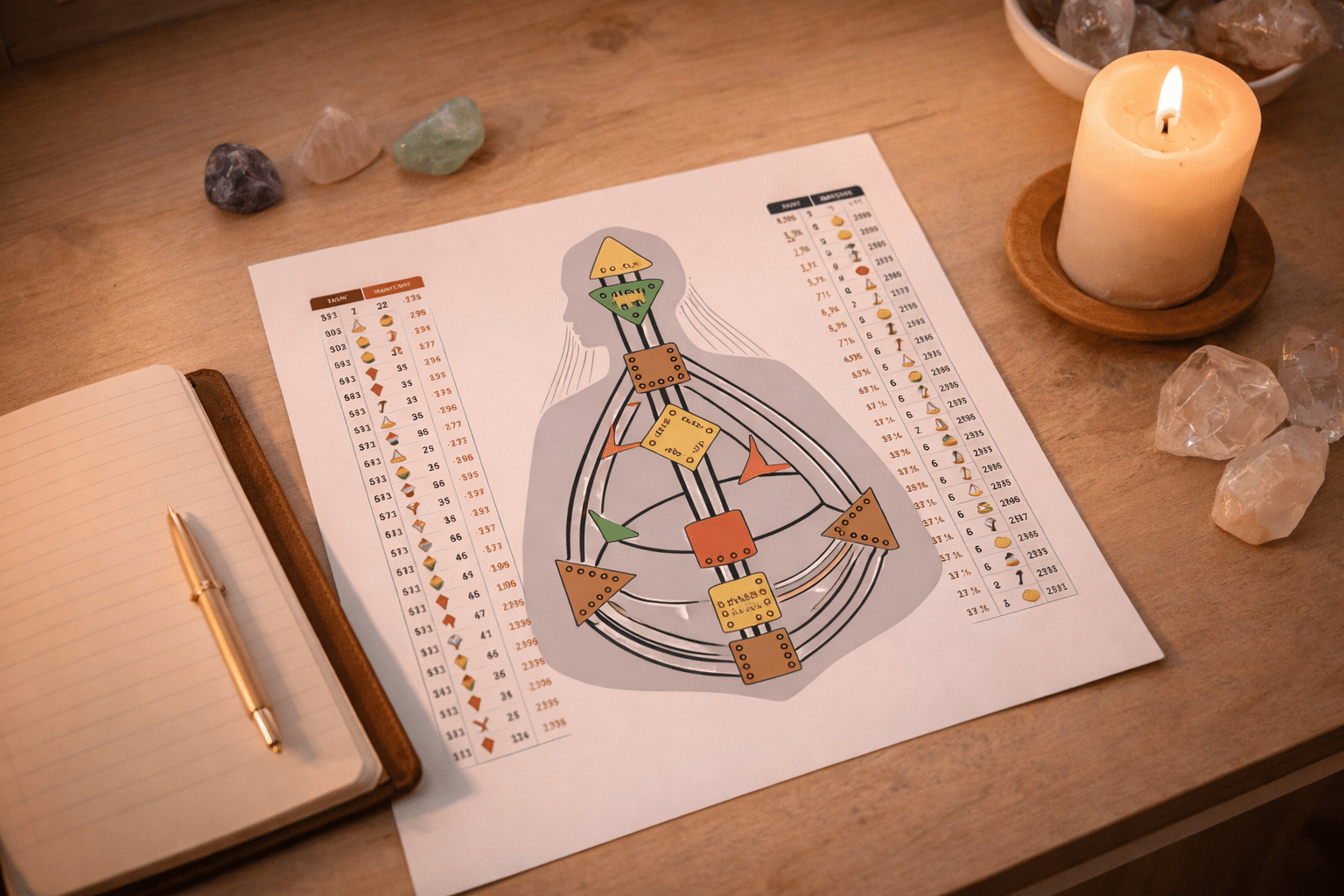 Human design chart met kristallen en symbolen