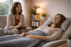 Cliënt ligt ontspannen met gesloten ogen tijdens hypnotherapie sessie voor angstbehandeling in rustige therapieruimte