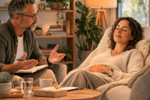 Hypnotherapeut begeleidt cliënt in diepe ontspanning tijdens hypnotherapiesessie in rustige praktijkruimte