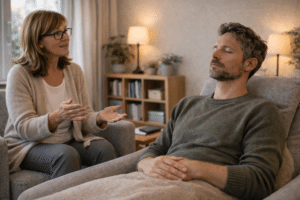 Therapeut voert een hypnotherapiesessie uit terwijl cliënt ontspannen luistert met gesloten ogen in een rustige therapieruimte