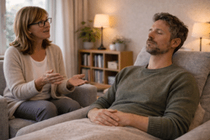 Therapeut begeleidt cliënt tijdens een hypnotherapiesessie waarbij de cliënt ontspannen met gesloten ogen in een comfortabele stoel zit in een rustige praktijkruimte