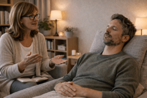 Therapeut begeleidt een cliënt tijdens een ontspannende hypnotherapie sessie in een rustige praktijkruimte