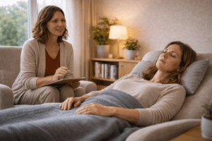 Cliënt ligt ontspannen tijdens hypnotherapiesessie gericht op stressherstel in rustige warme praktijkruimte