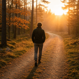 Persoon wandelt alleen over een bospad bij zonsopgang als symbool voor de innerlijke reis en individuatie volgens Carl Jung.