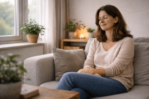 Persoon die ontspannen in de woonkamer zit na een therapiesessie en innerlijke rust en emotioneel herstel ervaart.