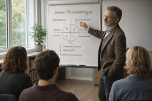 Psycholoog legt de persoonlijkheidstypen van Carl Jung uit aan een kleine groep tijdens een workshop.