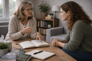 Therapeut en client bespreken droomnotities tijdens een sessie jungiaanse therapie in een rustige praktijkruimte met psychologieboeken op tafel.