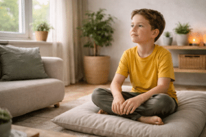Kind dat rustig op een kussen zit in een warme therapieruimte met planten en zacht daglicht, moment van ontspanning en emotionele balans.