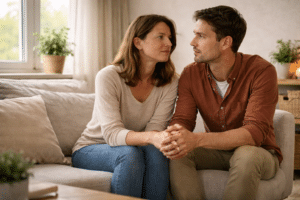 Koppel dat thuis rustig met elkaar praat op de bank, moment van open communicatie en verbinding binnen de relatie.