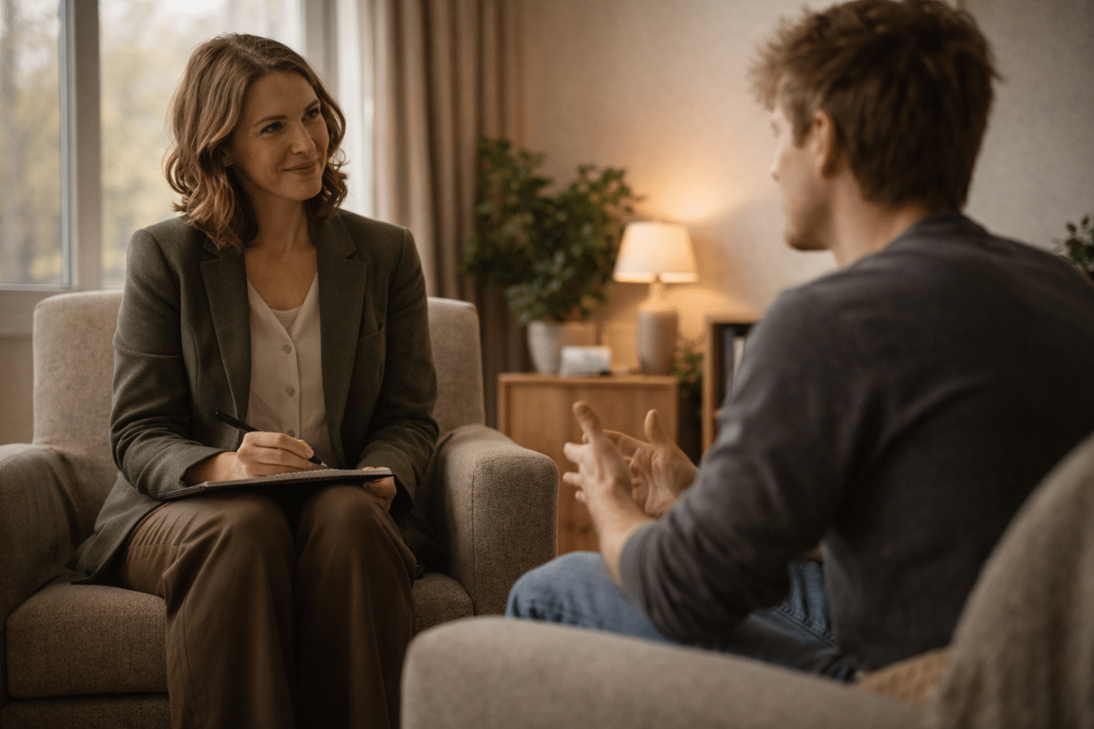 Persoon zit ontspannen tegenover een coach in een lichte, warme praktijkruimte