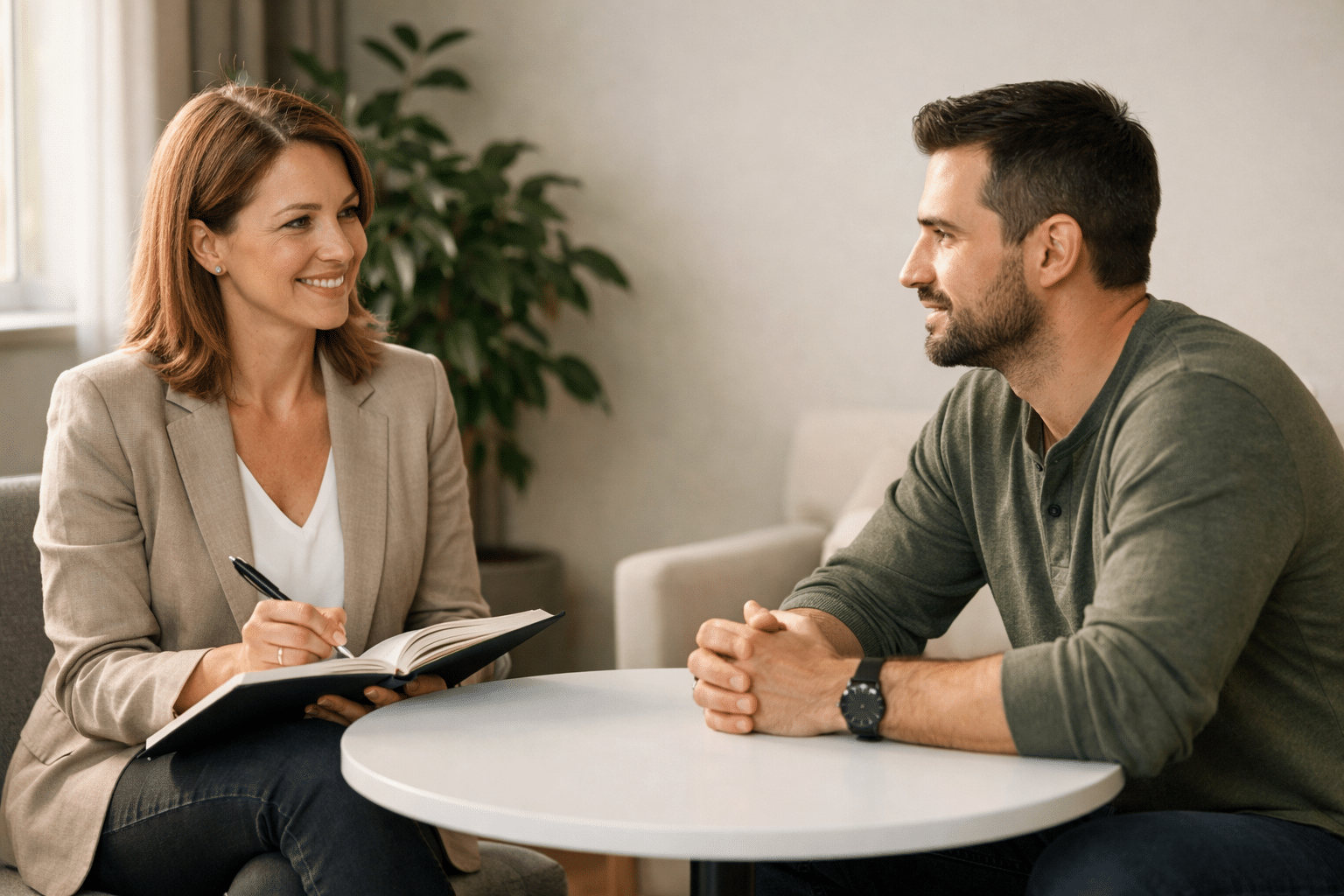 Coach en cliënt in een rustig gesprek aan een tafel met een notitieboek